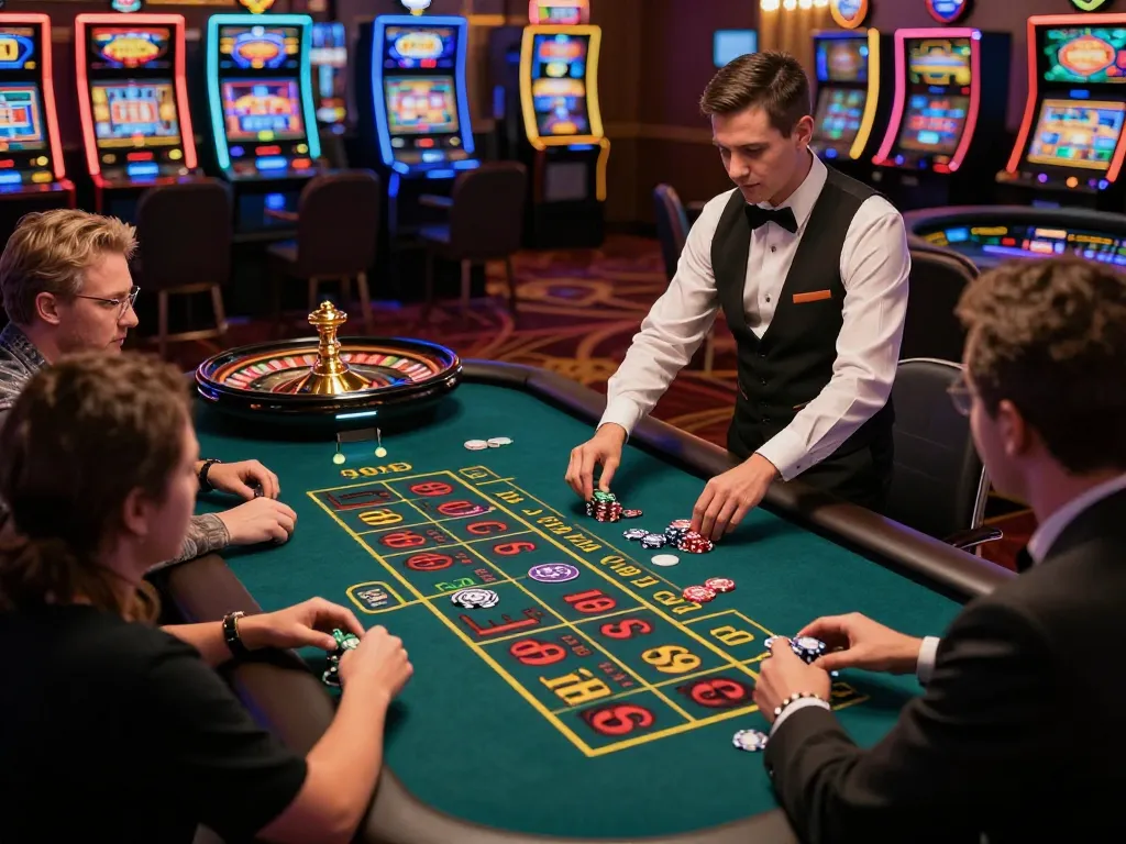 S666 players excitedly betting at a lively roulette table in a vibrant casino scene.