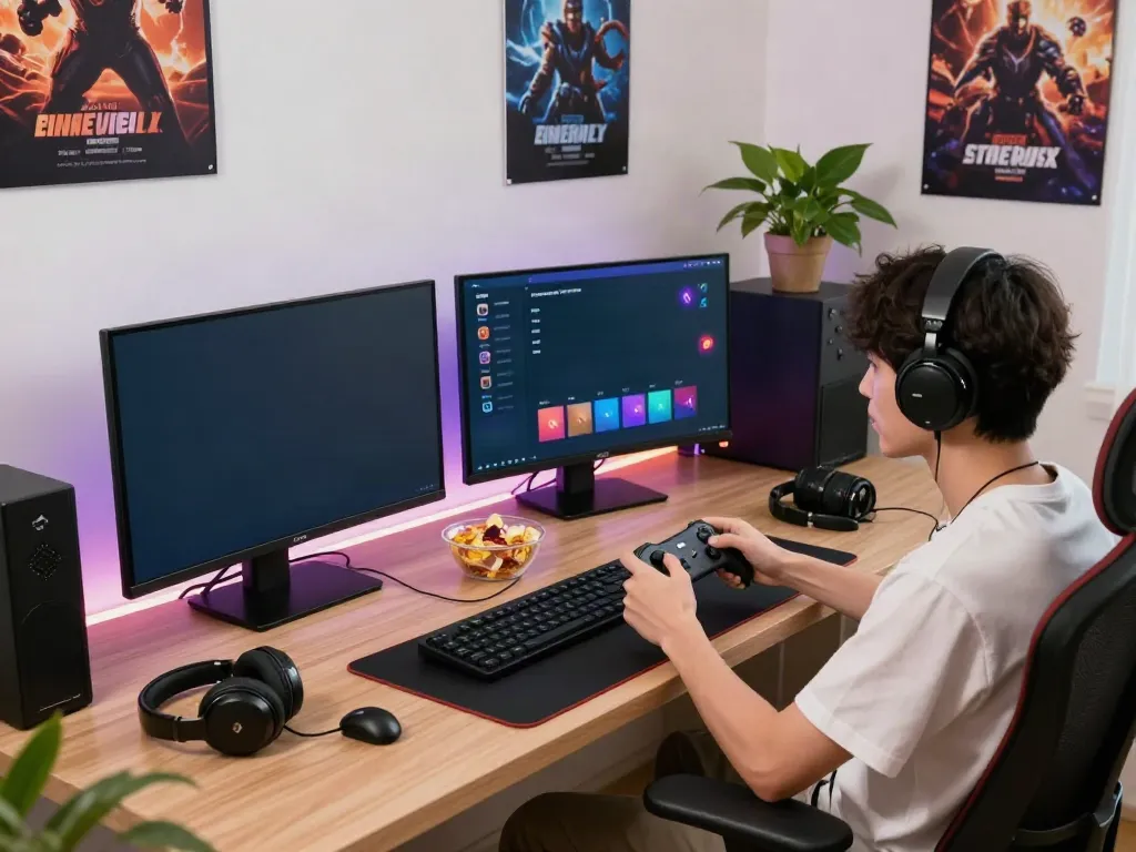 Gamer using DA88 interface on multiple screens in a vibrant gaming setup.