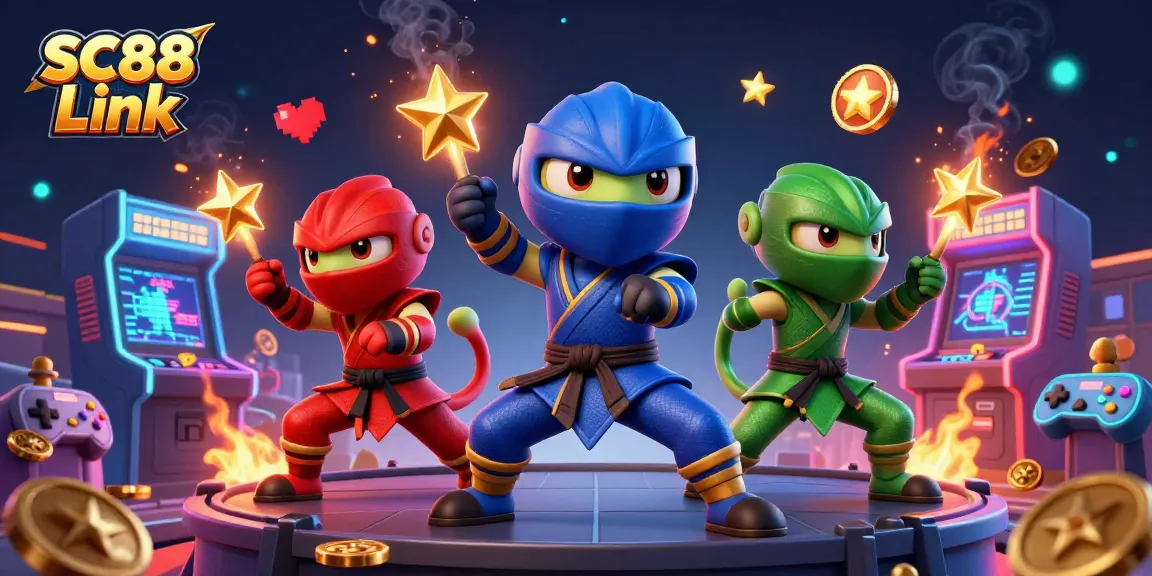 Get ready to win big with SC88 Link featuring dynamic chameleon ninjas in a vibrant casino scene.