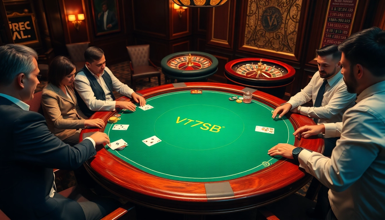Engaged players enjoying a high-stakes poker game at V7SB casino table.