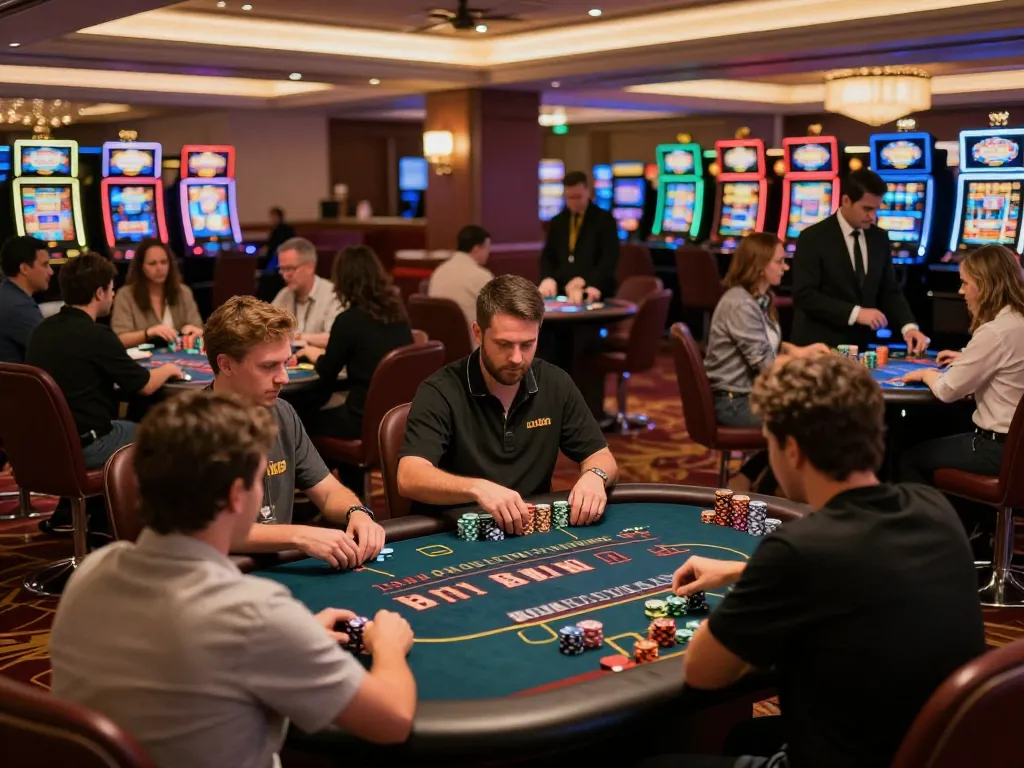 Players engaging in strategic gameplay at tg88 casino with poker tables and vibrant atmosphere.