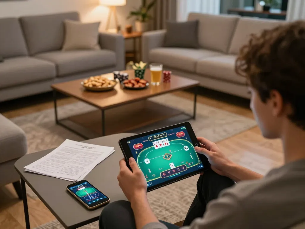 Engaging online poker session on 78win tablet in cozy home setting