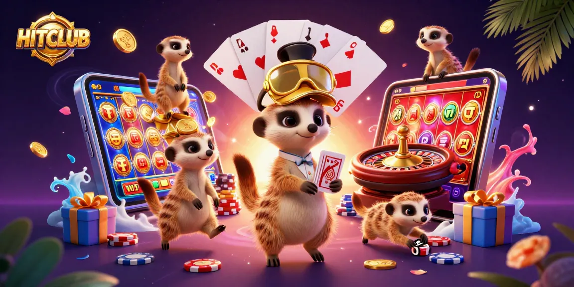 HITCLUB meerkats running a vibrant casino, featuring dynamic slots and card games.