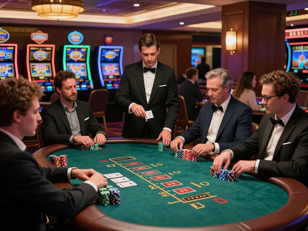 79KING players strategizing in a blackjack game at a luxurious casino table.