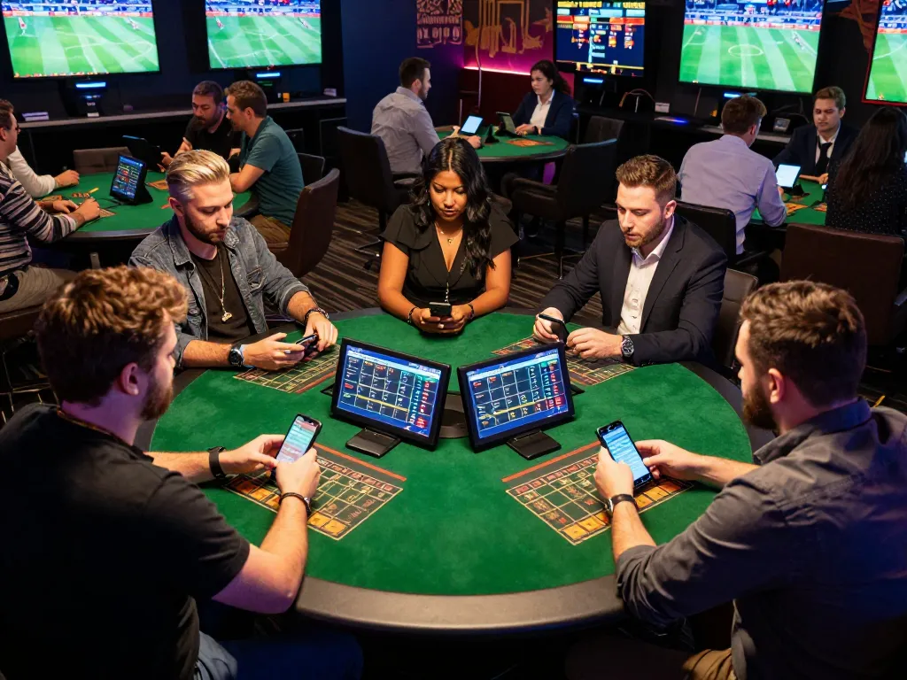 Bong88 bettors engaging with live sports odds on a vibrant table, capturing strategic betting action.