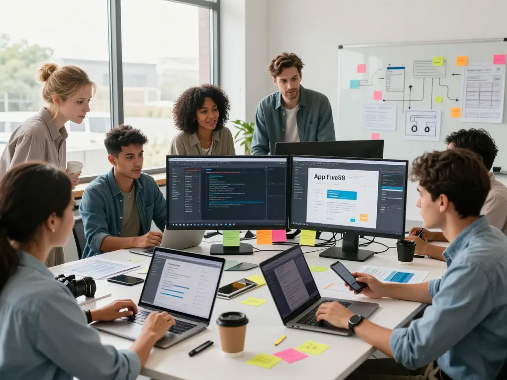 Developers showcasing App Five88 features in a collaborative tech workspace.