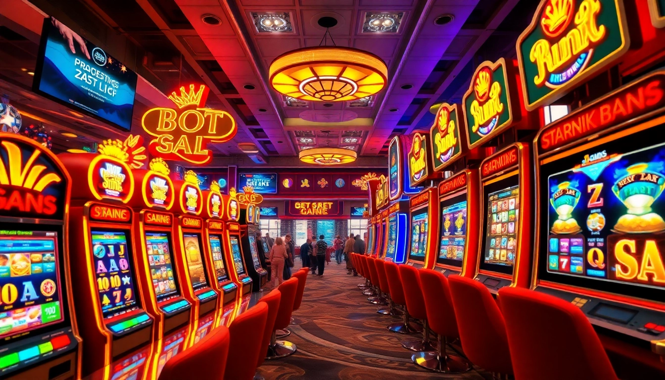 Vibrant slot dana casino scene with colorful machines and joyful players, showcasing energy and excitement.