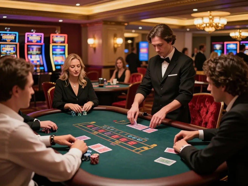 Casino scene showcasing exciting blackjack action at s666 with players placing bets and a dealer managing cards