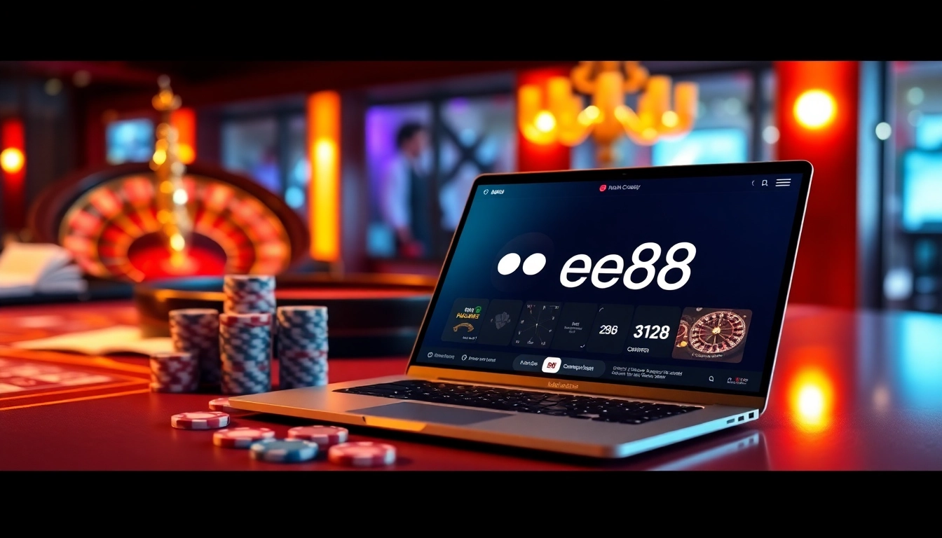 Experience the thrill of online gambling at ee88 nhà cái with vibrant casino visuals featuring poker chips and cards.
