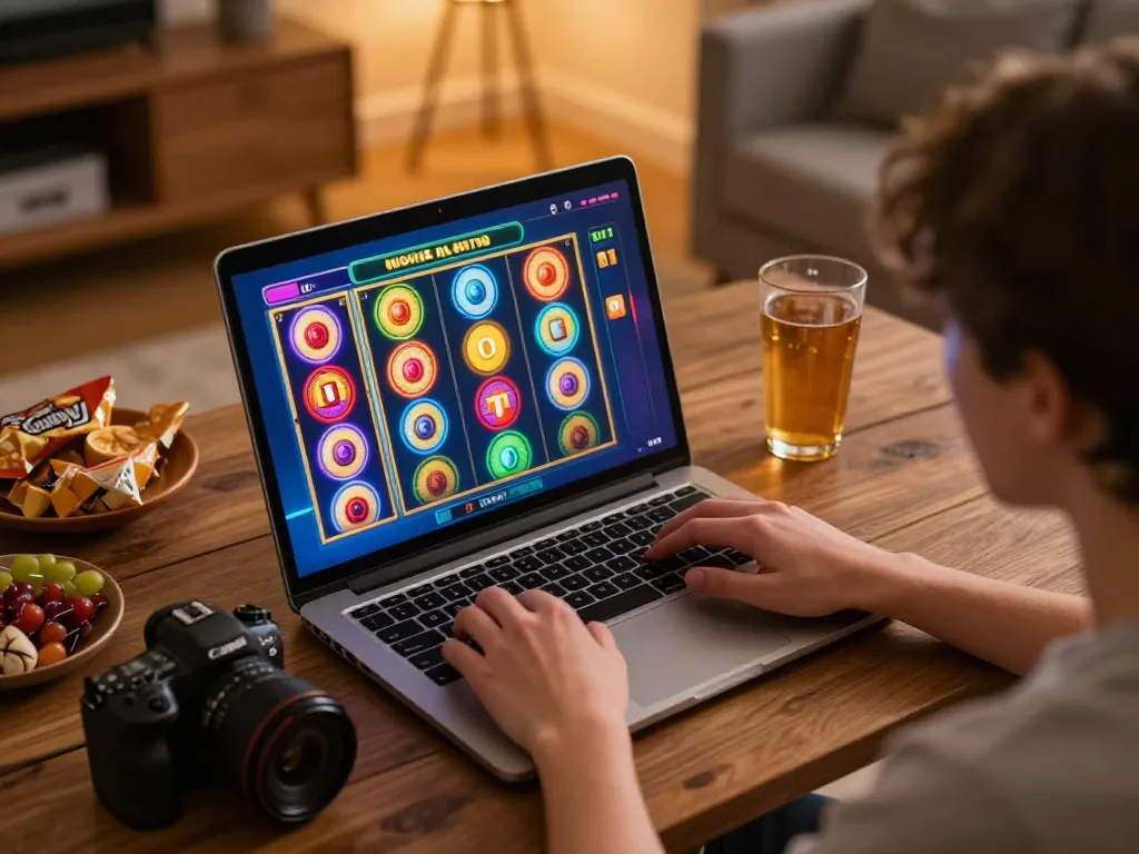 Engaged player spinning NOHU slots on a laptop, cozy gaming setup with snacks.