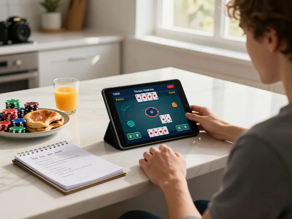 Player strategizing in poker game on fly88 app during a sunny morning