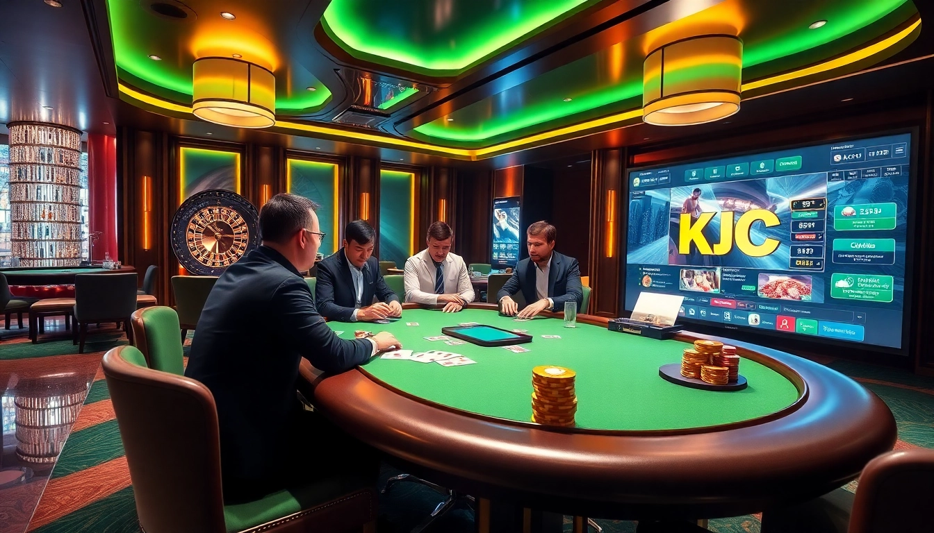 KJC poker players focus on a high-stakes game surrounded by casino luxury.