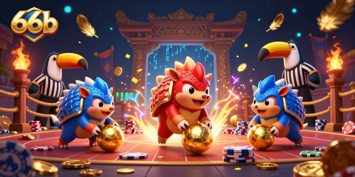 Engage with thrilling gameplay at 66b, featuring dynamic pangolin characters amidst vibrant casino elements.