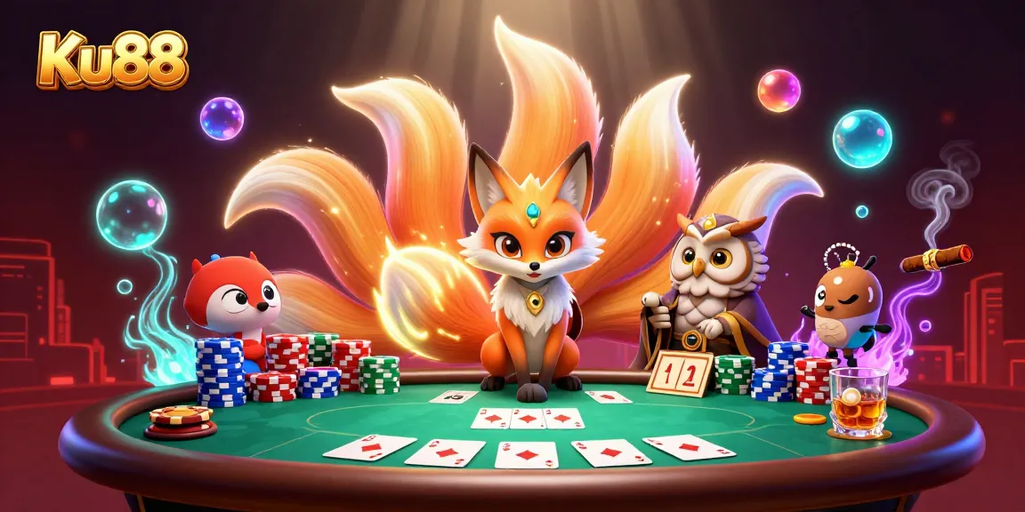 Join the action at Ku88 with a vibrant poker scene featuring a nine-tailed fox and wise owl.
