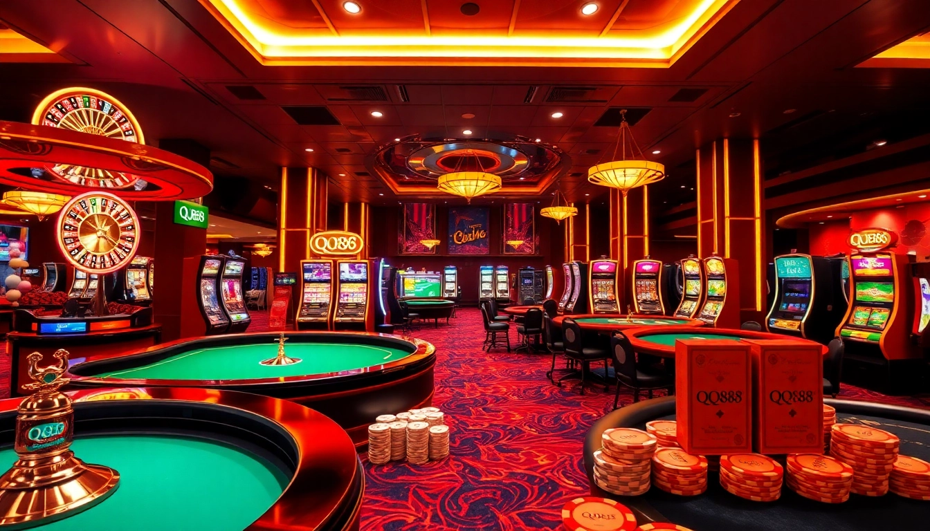 Experience the thrill of QQ88's gaming with vibrant casino tables and immersive online interfaces.