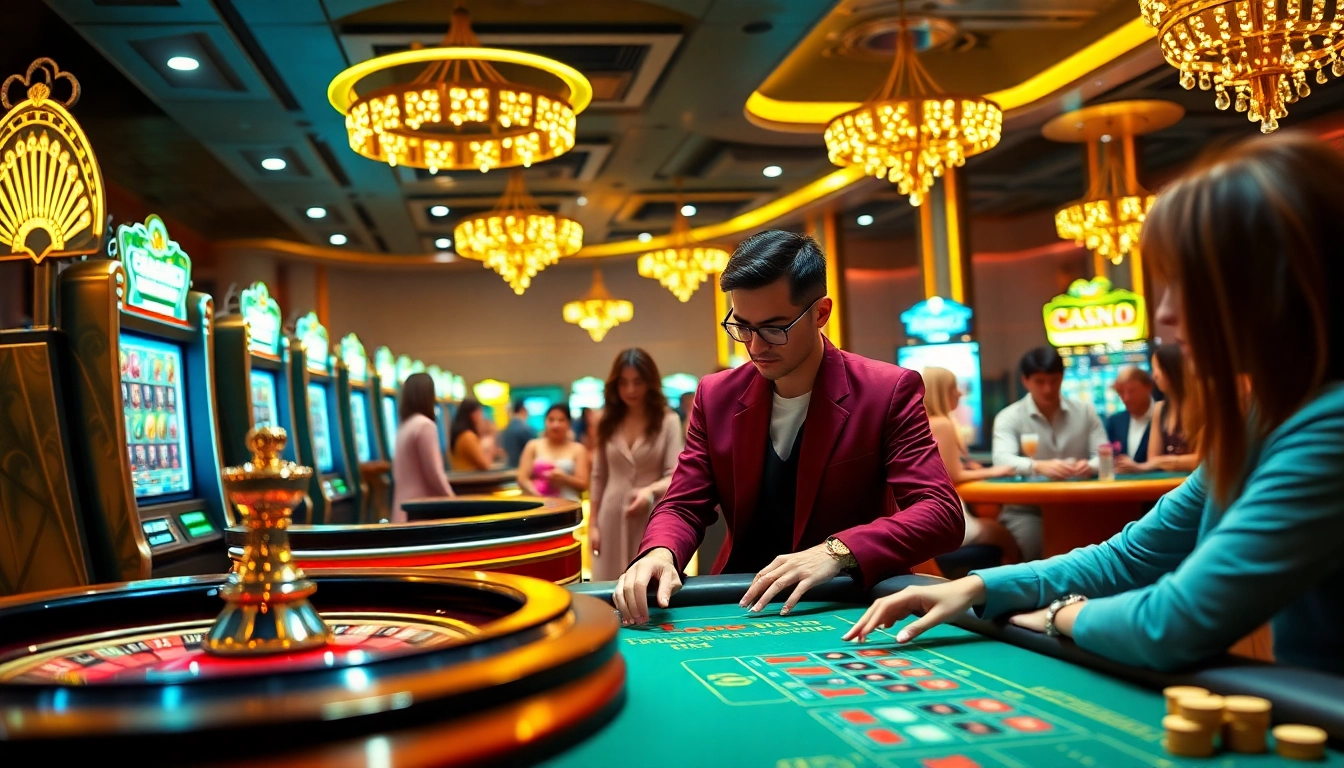 LC88 casino experience with vibrant slot machines and an elegant roulette wheel backdrop.