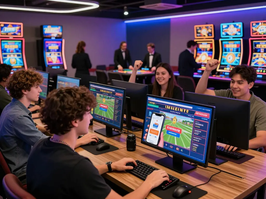 Players enjoying F168's online casino games and sports betting in a vibrant gaming lounge.
