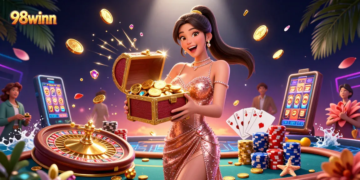 Bet on lucky treasures at 98winn with a joyful woman unveiling a chest of gems.