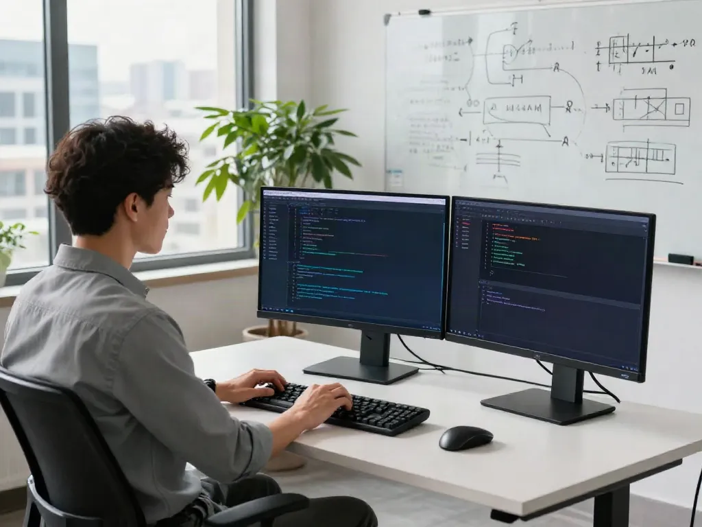 Instant indexing in action at a tech workspace with a developer coding efficiently.