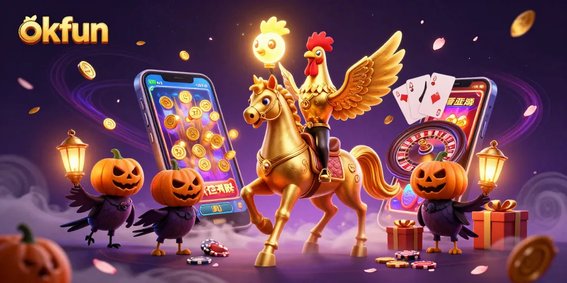 Experience the thrill of okfun as a golden rooster dominates a magical casino scene with sparkling elements.