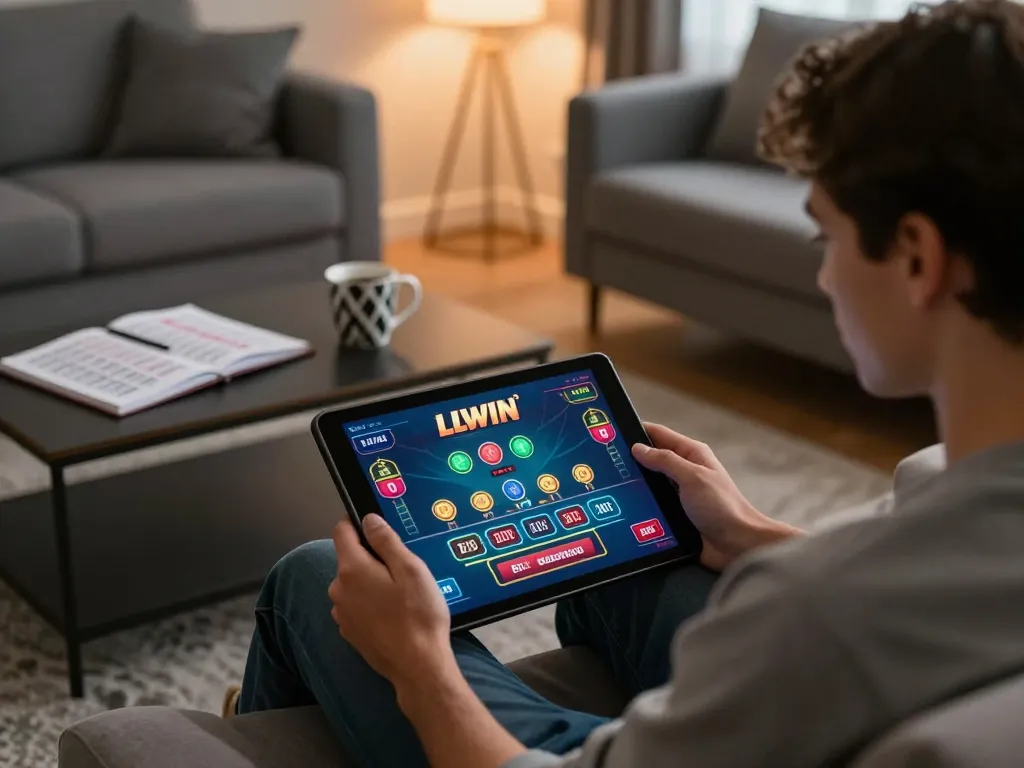 Player enjoying LLWIN live dealer game on a tablet in a cozy living room, showcasing responsible gambling.