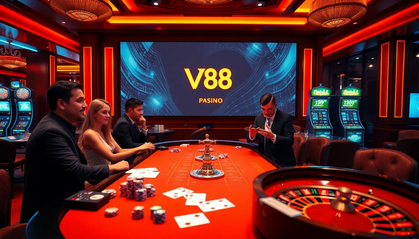 V 88 casino scene featuring poker chips and roulette wheel, capturing excitement and professionalism.