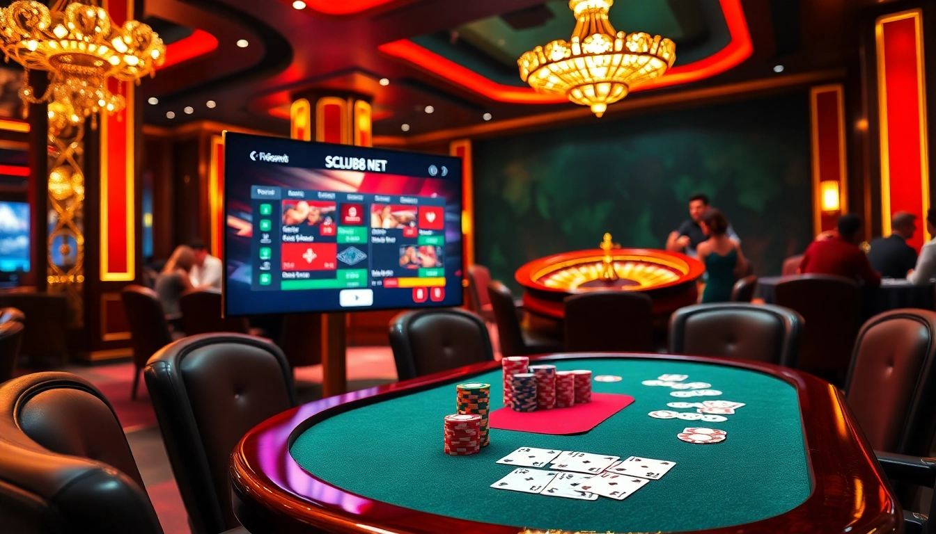 Experience the excitement of gambling at SCLUB88 NET with vibrant casino scenes and thrilling gameplay.