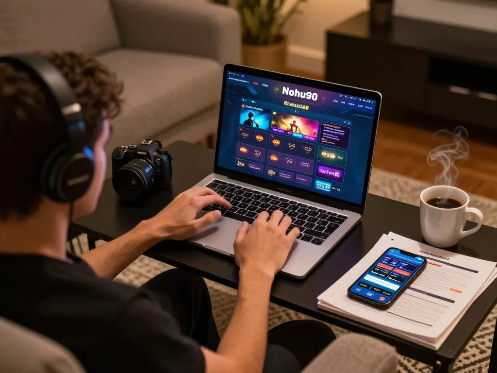 Nohu90 gaming enthusiast strategizing online from home with laptop and betting app.