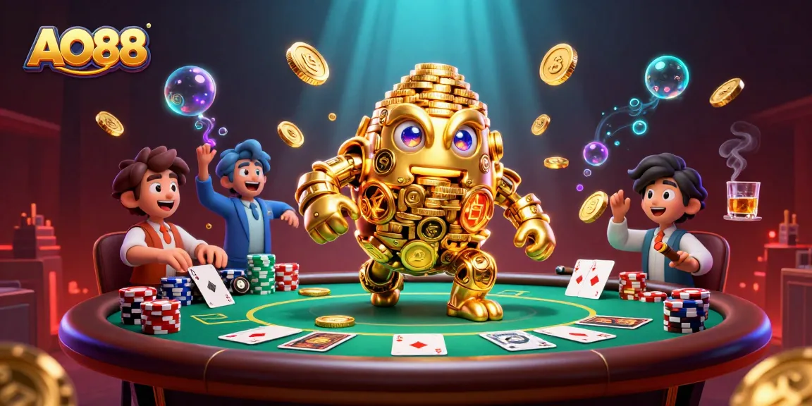 Engage with AO88's vibrant casino scene featuring a golden golem and captivating poker elements.