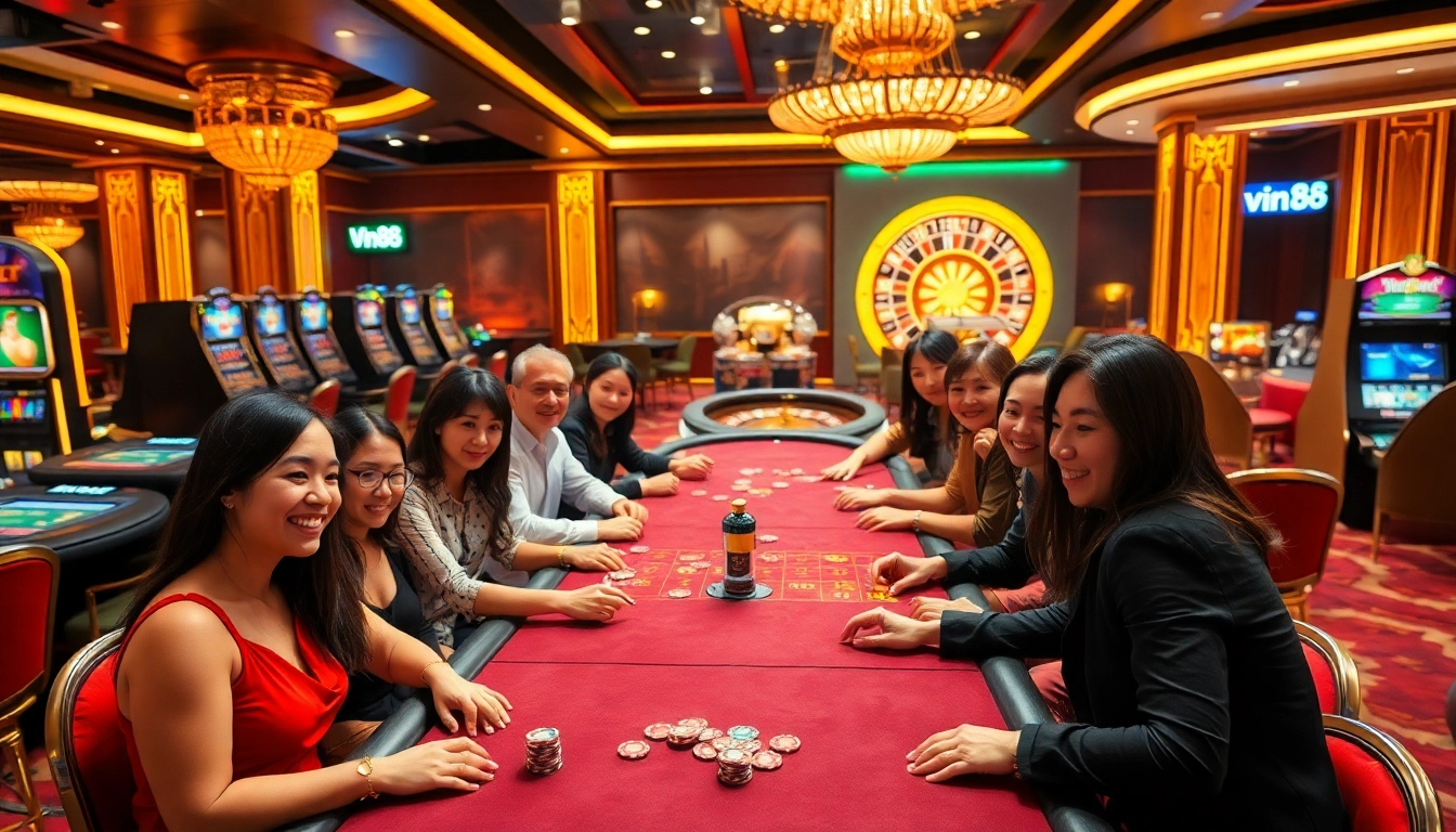Exciting casino atmosphere showcasing players enjoying games at vin88's high-stakes tables, highlighting thrills of gambling.