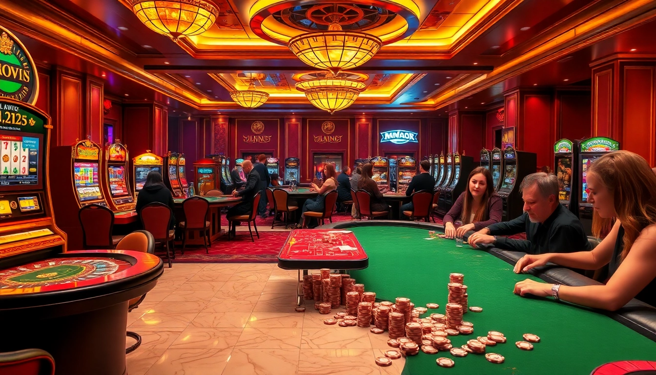 Players enjoying a vibrant MMOO casino experience with elegant tables and slot machines lit up.