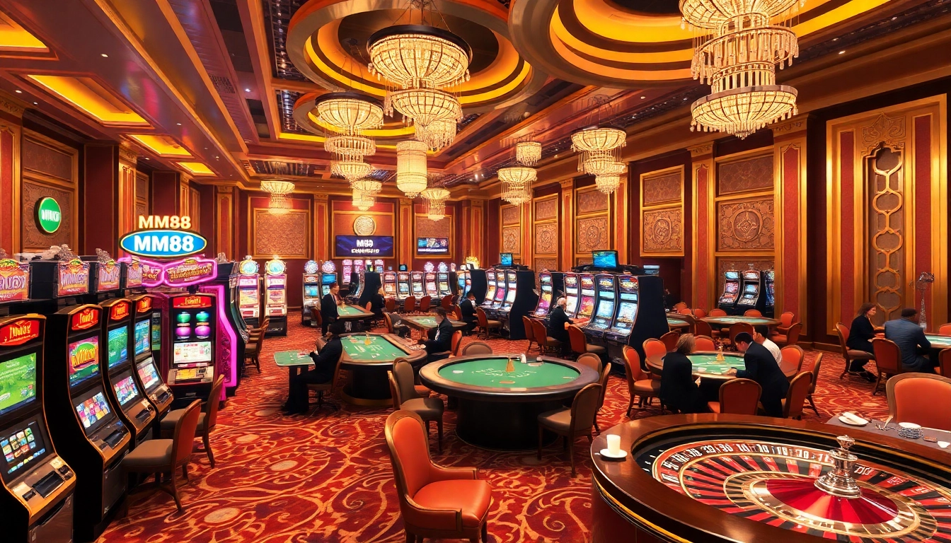 Experience the thrilling atmosphere of MM88's luxurious casino floor with exciting games and players.