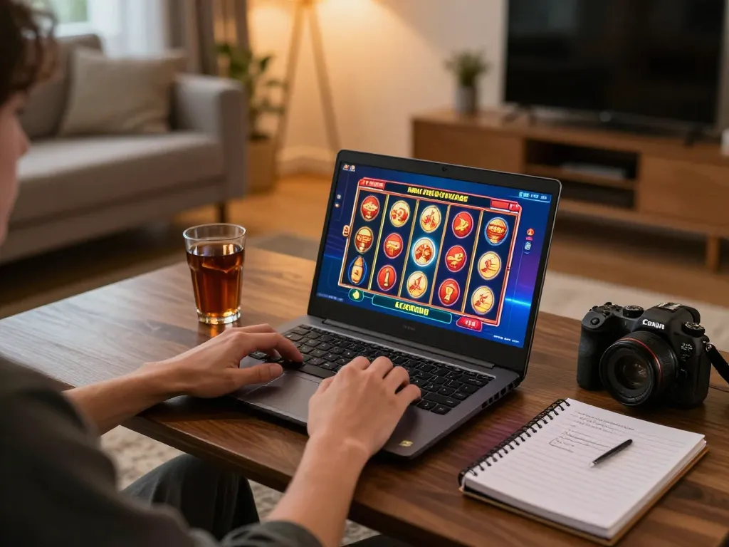 Person enjoying online casino games at https://n188.build/ in a cozy home setting with drinks and strategy notes.