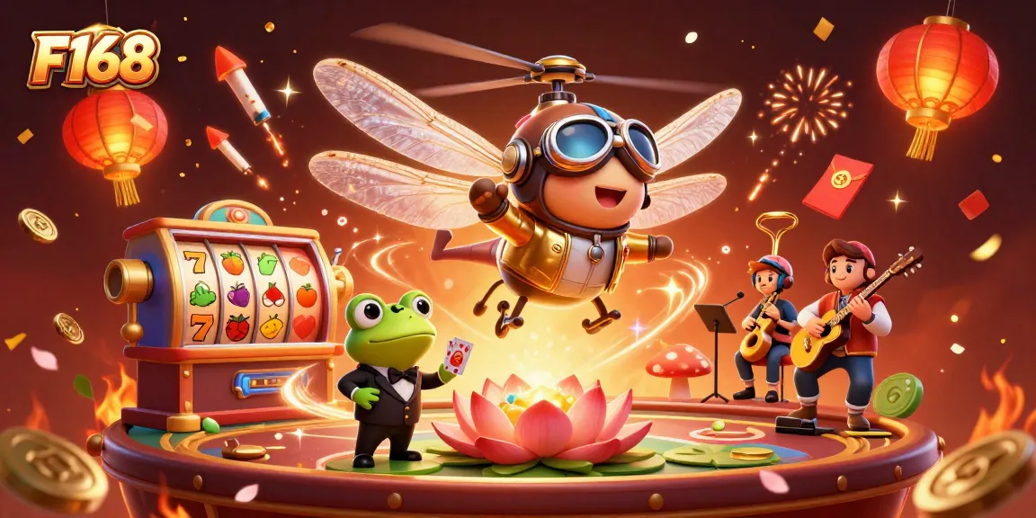 Experience thrilling gameplay at F168 with vibrant slot reels, lively characters, and casino excitement.