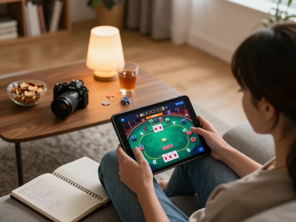 Luck8 user enjoying a poker game on a tablet in a cozy home setting, promoting responsible gaming.