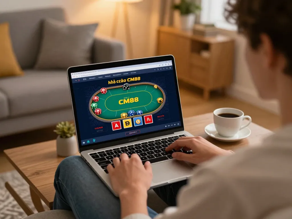 Player using nhà cái CM88 website on laptop at home, enjoying a poker game in a cozy setting.