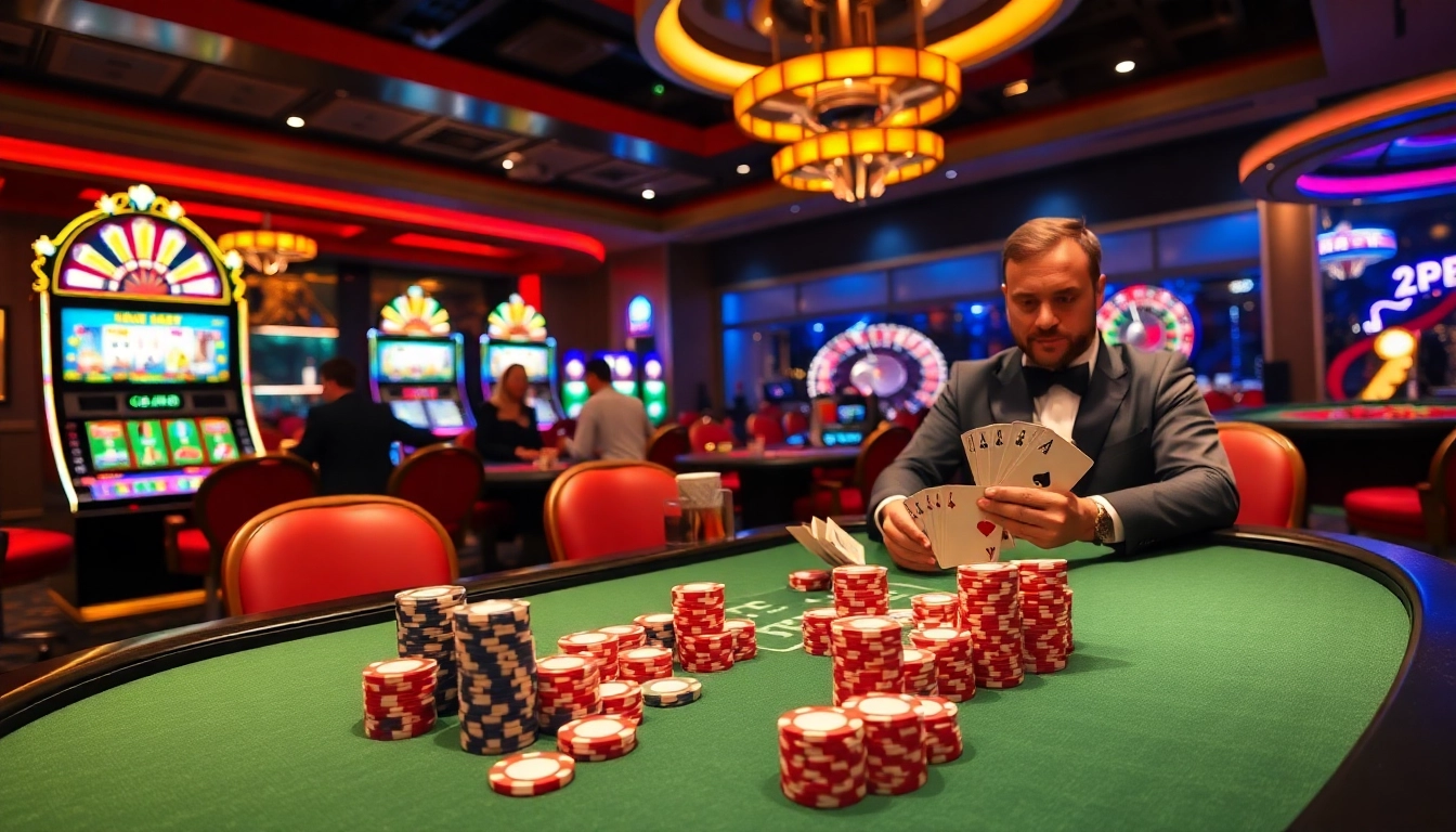 Experience thrilling gameplay with 28BET at a luxurious casino table filled with poker chips.