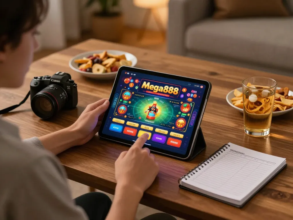 Mega888 original download iOS showcased in a cozy home gaming setup, capturing a player engaged in online casino action