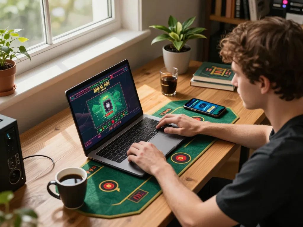 KUBET user engaging in live dealer gaming on laptop in cozy home setup.