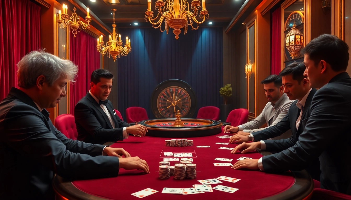 Players strategizing at a high-stakes poker table in a luxurious casino, featuring dh88-themed poker chips.