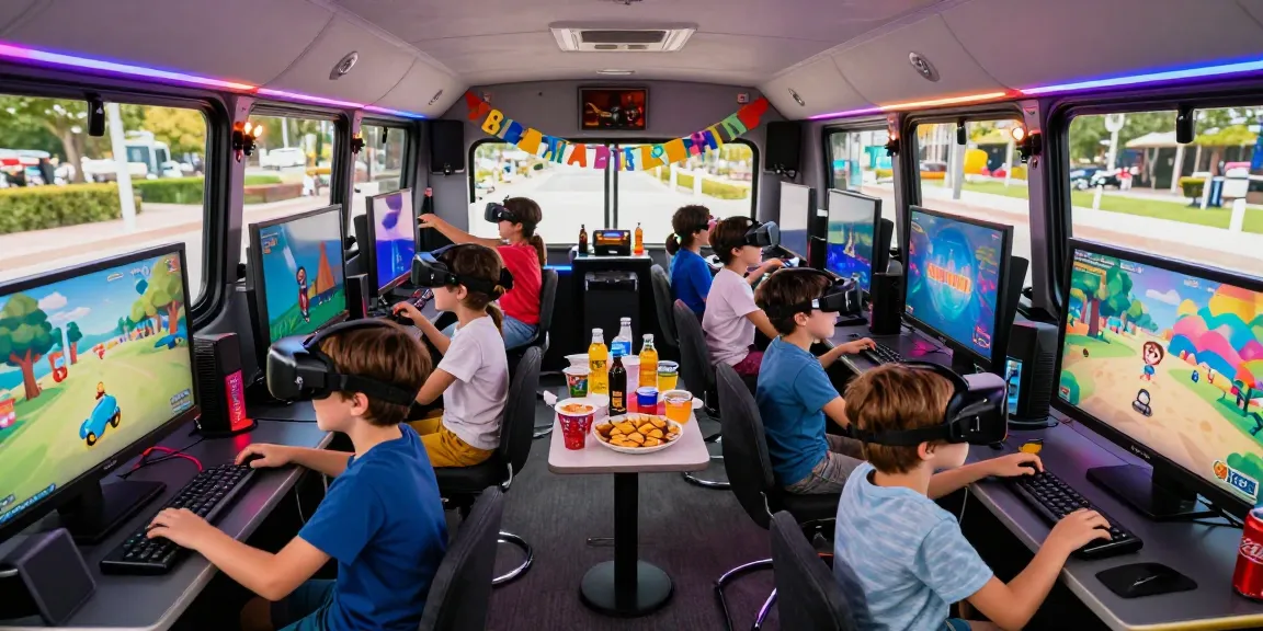 Gaming Bus Colchester: Children enjoying gaming on a party bus filled with excitement and VR.