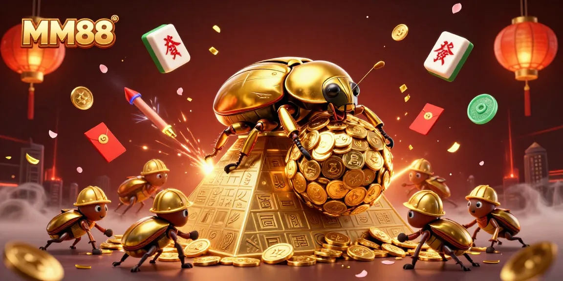 Experience the excitement of MM88 as golden beetles roll coins and game elements illuminate a vibrant casino scene.