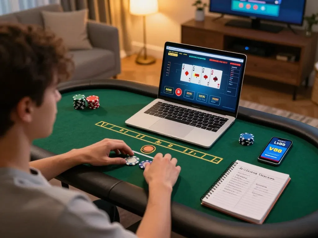 Player enjoying poker on LV88 online casino platform in cozy home setting