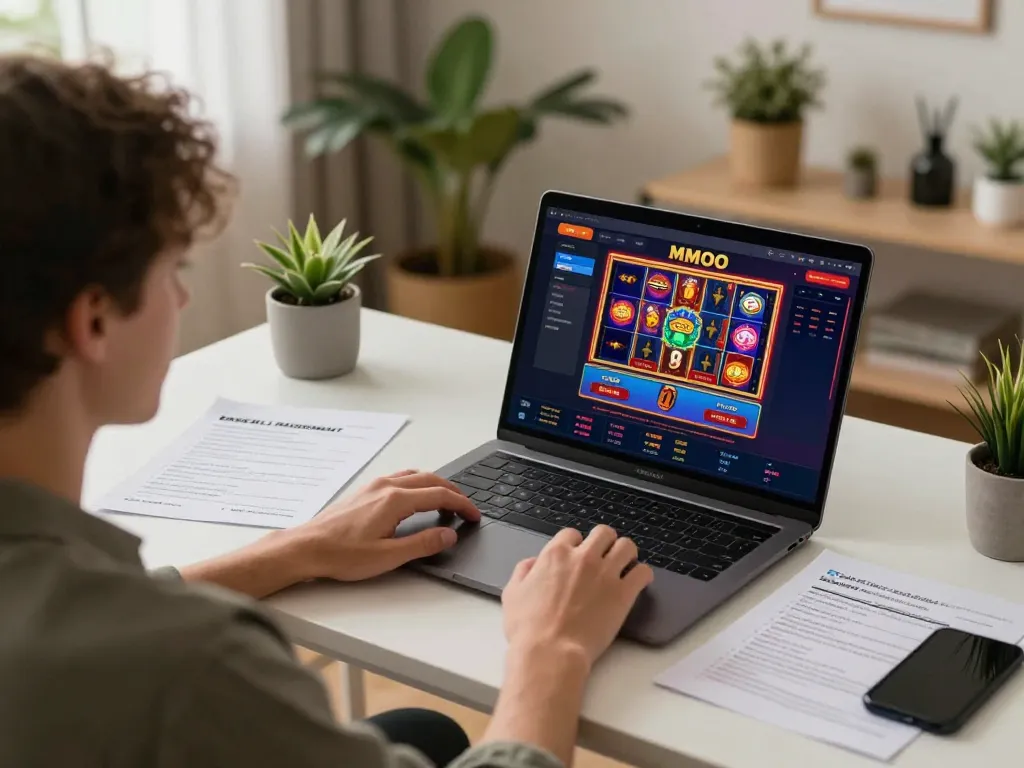 Engaging online gaming scene showing MMOO platform on laptop screen with vibrant slot game.