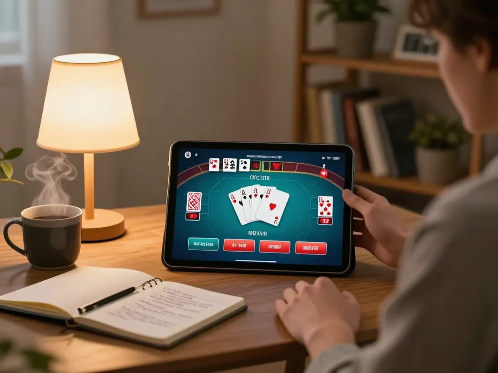 Pemain menikmati poker online 68idn di tablet dalam suasana rumah yang nyaman, menekankan permainan strategis.