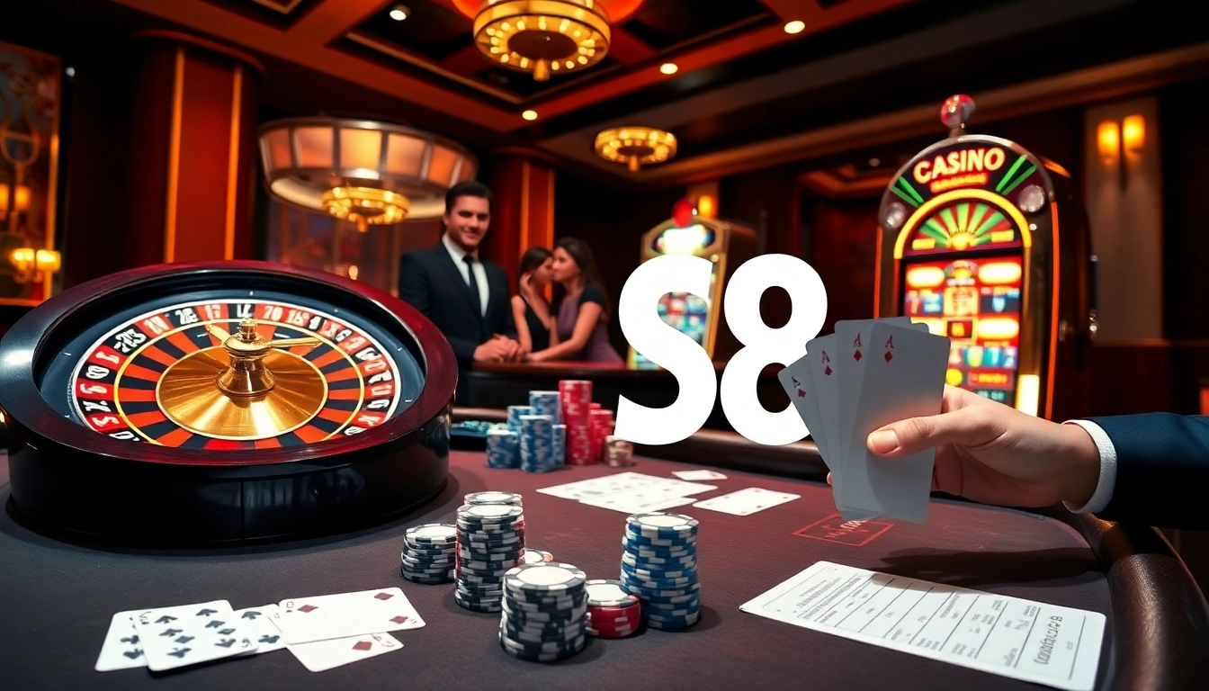 S8-themed casino scene featuring roulette, poker chips, and a glowing slot machine.