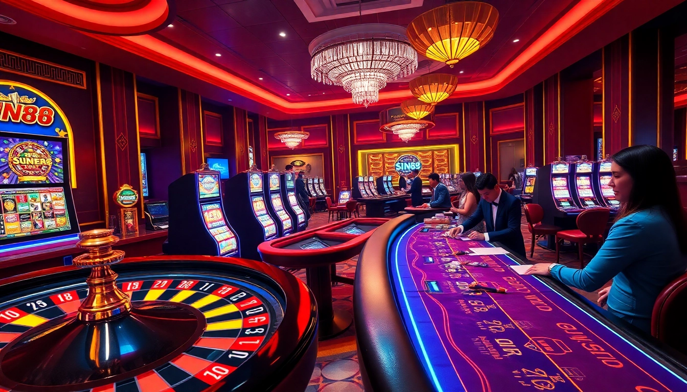 SIN88 casino scene showcasing vibrant poker tables and glowing slot machines, capturing excitement.