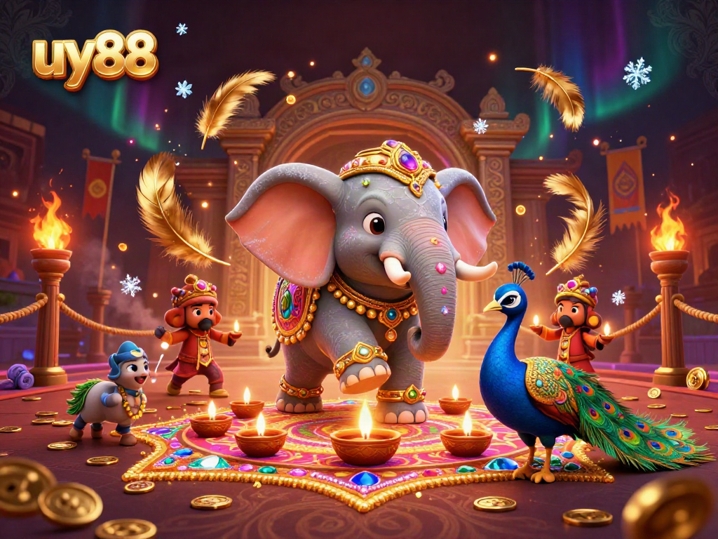 Experience uy88's vibrant casino atmosphere with the Diwali-themed elephant and peacock in a colorful scene.