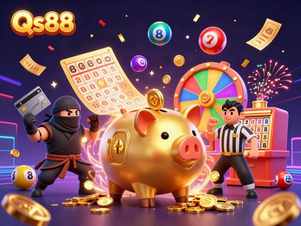 Experience Qs88's vibrant gaming scene with a sumo piggy bank amidst a dynamic celebration of luck.