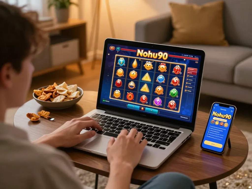 Nohu90 player enjoying an exciting slots session on a laptop in cozy space